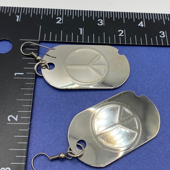 Peace Sign Earrings Two Pairs Pierced Long Dangle Silvertone - Picture 2 of 4